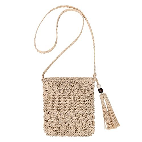 Sac en Paille Femme, Style Boho Fait Main Bandoulière et Fermeture Éclair Plage, Voyage et Vacances, #1 Beige, 65 cm x 20 cm x 22 cm