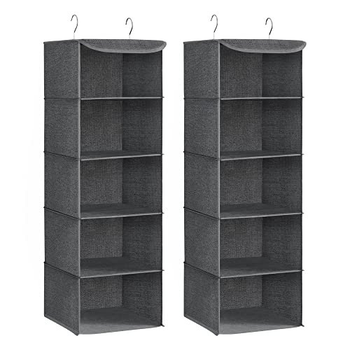 SONGMICS RCH005G02 Lot de 2 sacs suspendus d'armoire, pliable, gain de place, avec crochets métalliques, renfort en bambou, motif lin, gris