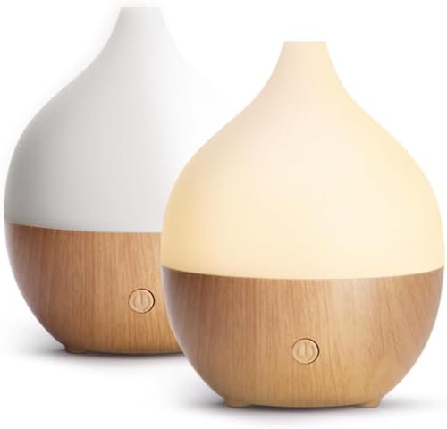 SALKING Lot de 2 petits diffuseurs de parfum à ultrasons avec fonction d'arrêt automatique, grain de bois blanc chaud pour la maison et le bureau, 100 ml