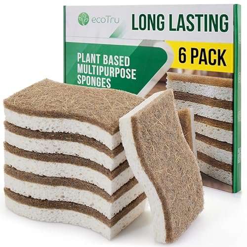 ecoTru Lot de éponges de cuisine naturelles, cellulose blanche compostable et noix de coco biologique pour laver la vaisselle, respectueuses de l'environnement, anti-rayures et biodégradables (6)