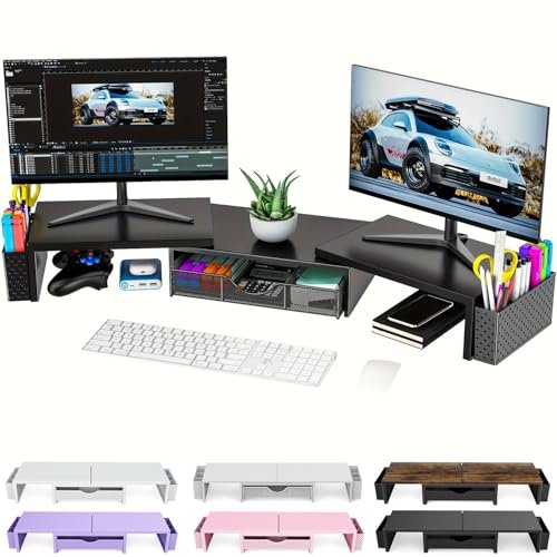 Pygocereri Support pour double écran, accessoires de bureau en métal avec tiroir et 2 porte-stylos, longueur et angle réglables – Support d'écran d'ordinateur pour écran, ordinateur, imprimante (noir